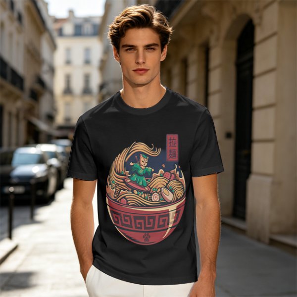 Olive T-shirt with Samurai Cat Surfing Ramen Bowl Art
