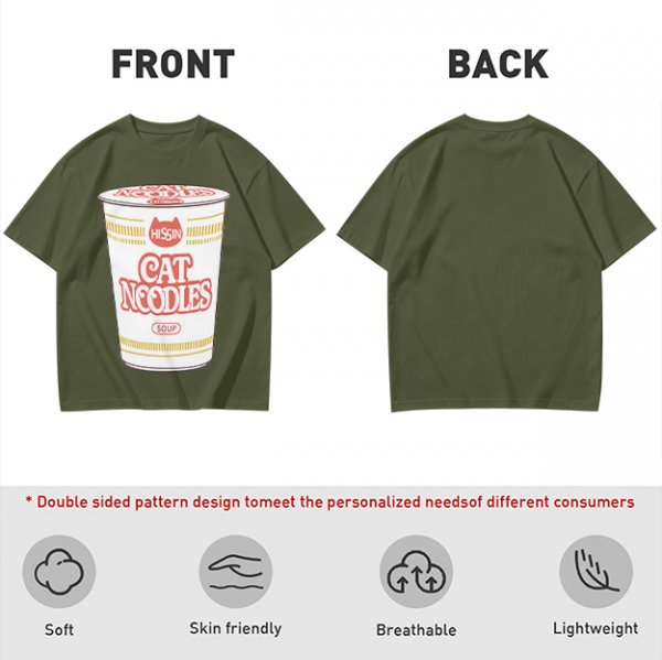 Olive T-shirt with Cat Noodles Cup Print