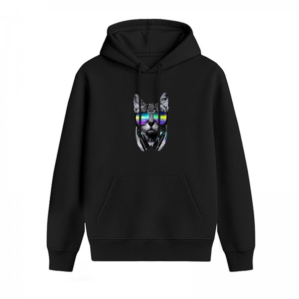 Black hoodie with cool cat wearing reflective sunglasses and headphones