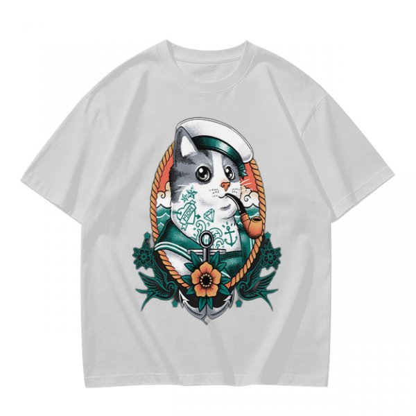 Olive T-Shirt With Sailor Cat Tattooed Pipe Design