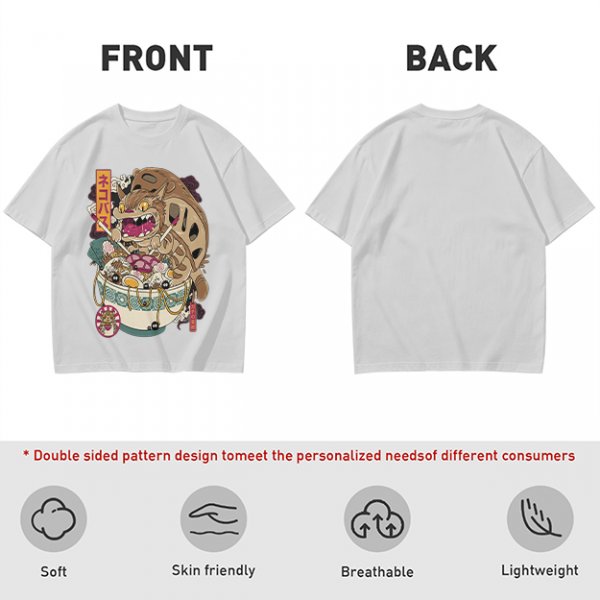 Olive t-shirt with cat bus ramen bowl graphic print