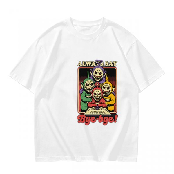 Olive t-shirt with creepy Teletubbies 'Always Say Bye-bye' print