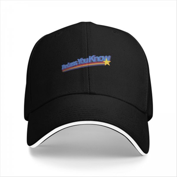 Black baseball cap with 'The Less You Know' retro graphic