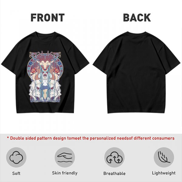 Olive green t-shirt with stained glass style forest spirit anime artwork