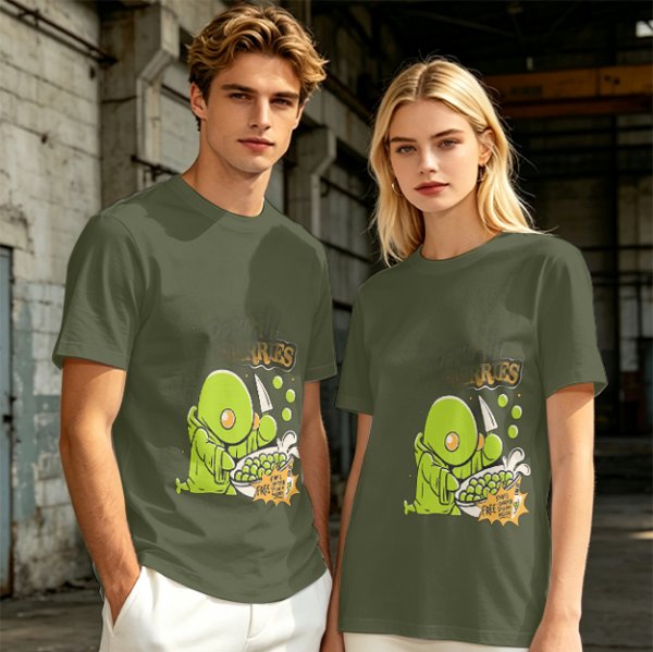 Olive Green T-Shirt With Cute Green Creature Preparing Peas Graphic