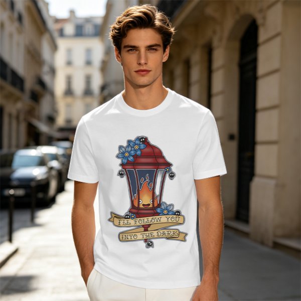 Olive t-shirt with lantern flame graphic and 'I'll follow you into the dark' text