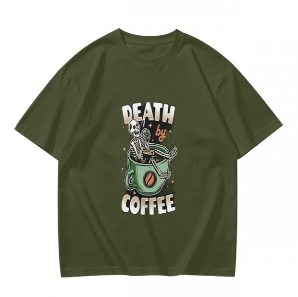 Oversized Army Green T-Shirt With 'Death By Coffee' Skeleton Print