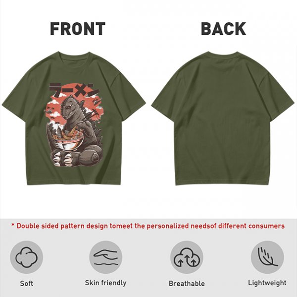 Olive T-shirt with Godzilla eating ramen graphic