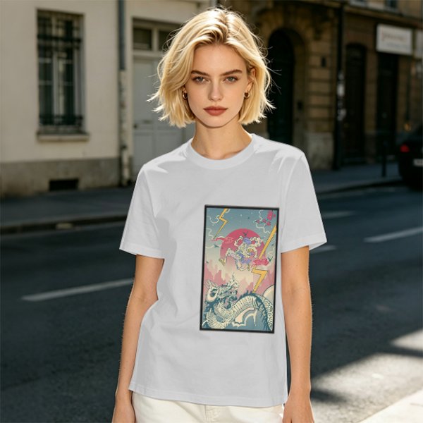Olive T-shirt with Japanese style dragon and lightning graphic print