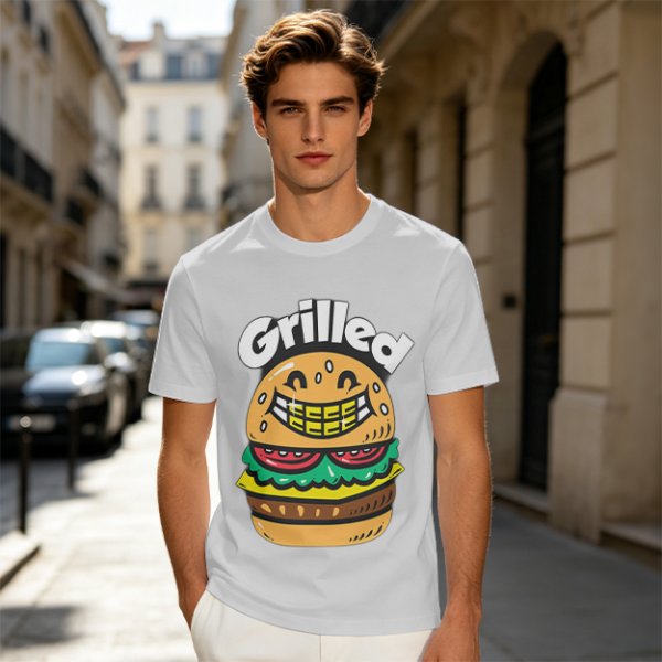 Olive T-Shirt with Smiling Grilled Burger Graphic