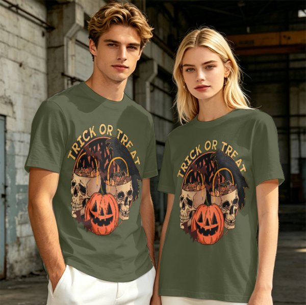 Olive Halloween Trick or Treat Skull Jack-o'-lantern Graphic T-Shirt