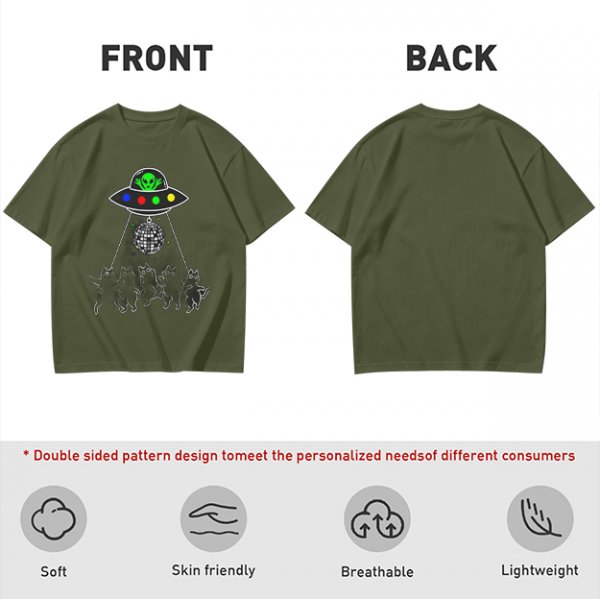 Olive T-shirt with UFO Alien and Disco Dancing Cats Print