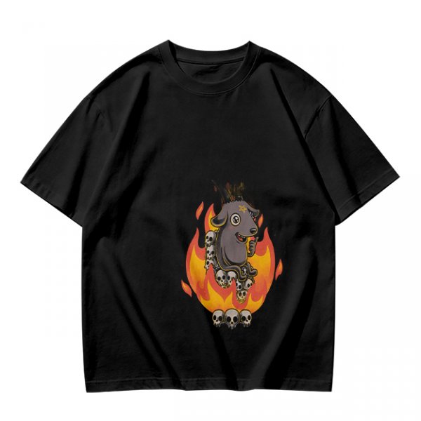 Olive T-Shirt With Cartoon Goat On Flames And Skulls Print
