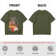 Olive T-Shirt With Cozy Cat Eating Pizza And Gaming Print