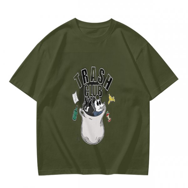 Olive graphic t-shirt with Trash Club raccoon and panda in trash can print
