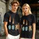 Olive Graphic Tee With Falling Cat Comets And Earth Artwork