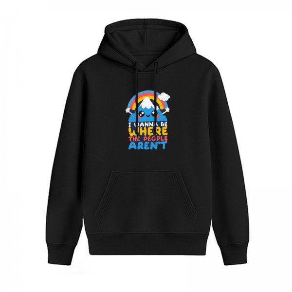 Black hoodie with cute mountain rainbow graphic and 'I wanna be where the people aren't' text