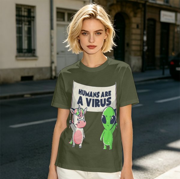 Olive T-shirt with Unicorn and Alien Holding 'Humans Are A Virus' Sign