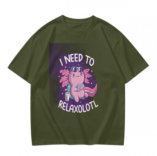 Olive t-shirt with axolotl 'I need to relaxolotl' graphic