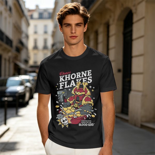 Khorne Flakes Chaos Cereal Themed Graphic T-Shirt