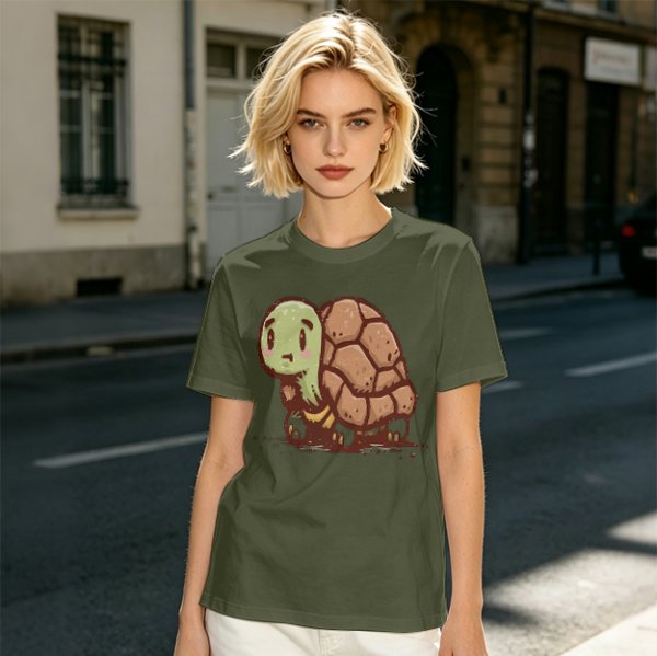 Olive Green T-Shirt With Cute Cartoon Turtle Graphic