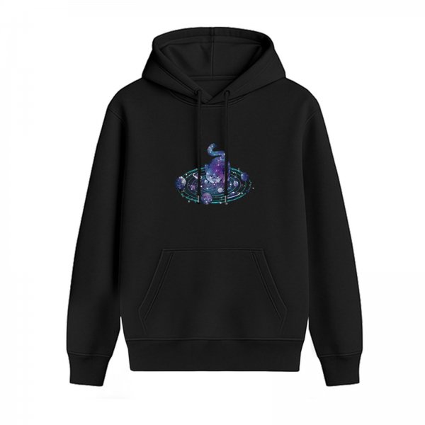 Black Hoodie With Galaxy Cat And Planetary Orbit Graphic
