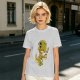 Olive T-shirt with a grumpy cartoon dinosaur holding a coffee mug