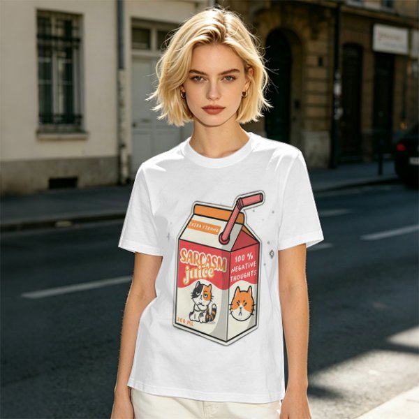 Olive green t-shirt with sarcasm juice carton and grumpy cat print
