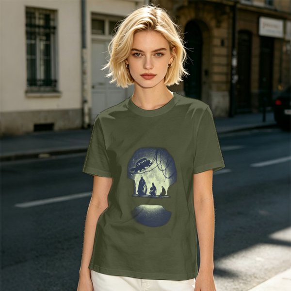 Olive T-Shirt With Skull Silhouette Print Featuring Forest Spirits