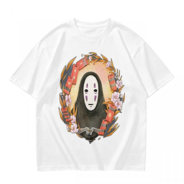 Spirited Away No-Face Graphic Tee with Cherry Blossoms and Lanterns