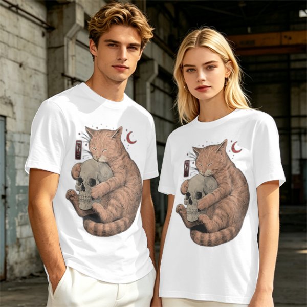 Olive T-Shirt Featuring a Ginger Cat Hugging a Skull