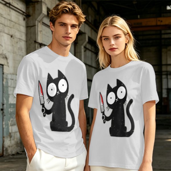 Olive T-shirt with a black cartoon cat holding a bloodied knife