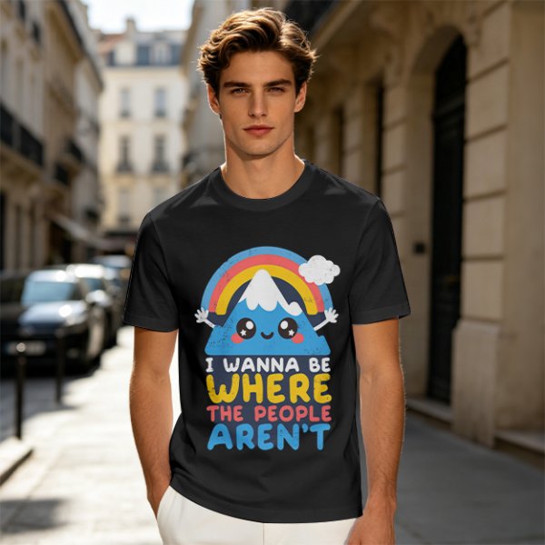 Olive graphic tee with cute mountain rainbow and 'I Wanna Be Where The People Aren't' text