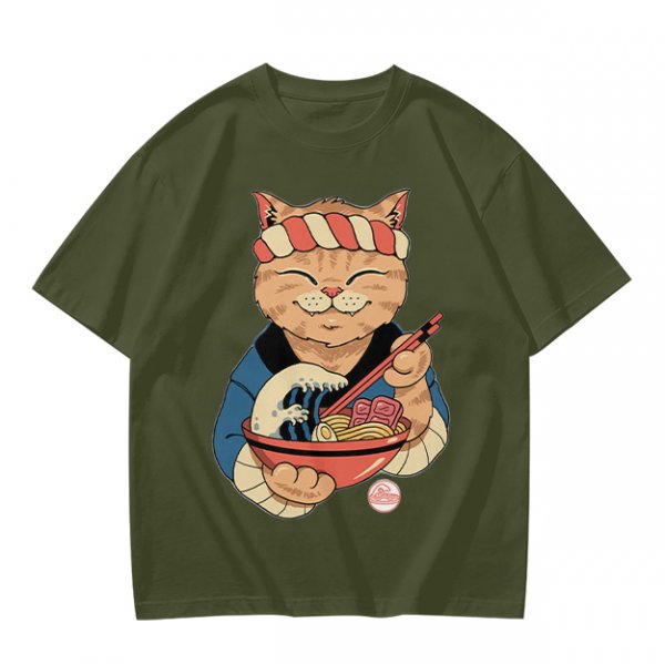 Olive T-Shirt with Japanese Ramen Chef Cat Graphic