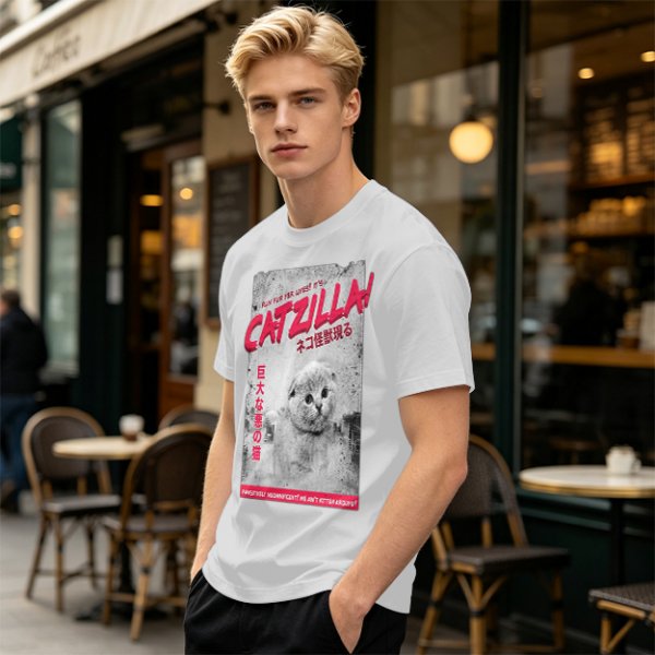 Olive green t-shirt with Catzilla giant cat monster graphic print