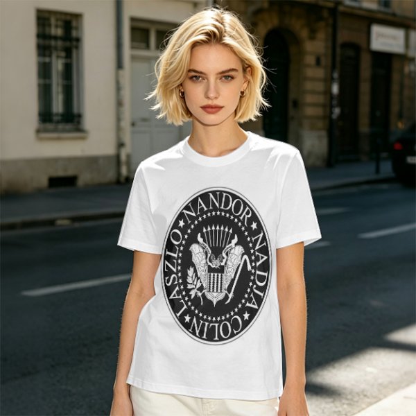 Olive T-Shirt with Vampire Roommates Names Presidential Seal Print