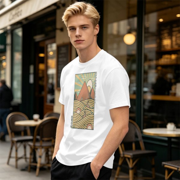 Olive T-Shirt With Retro Mountain And Ramen Noodle Landscape Print