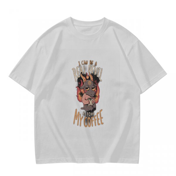 Olive graphic t-shirt with 'I can be a real devil before my coffee' print