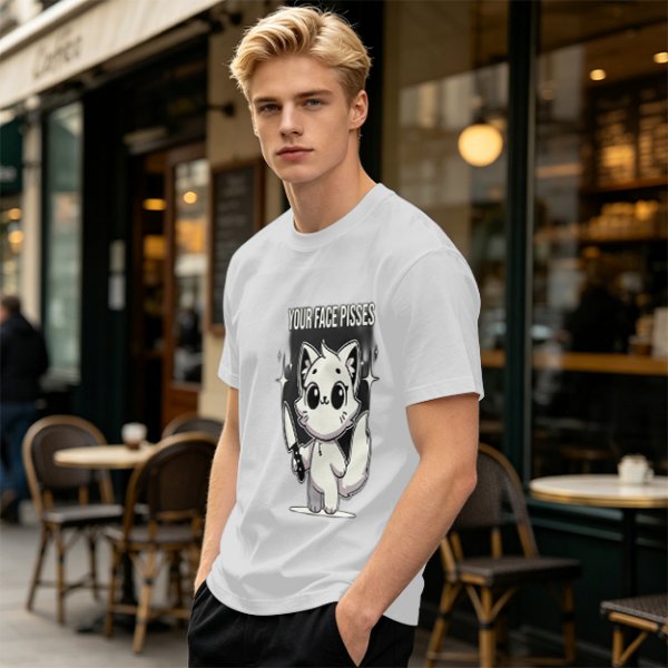 Olive graphic t-shirt with angry cartoon cat holding knife