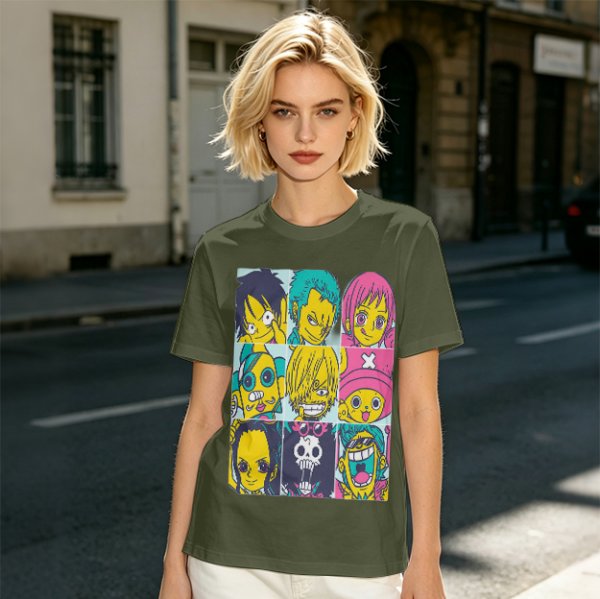 Olive T-shirt with One Piece x Simpsons Style Character Grid Print