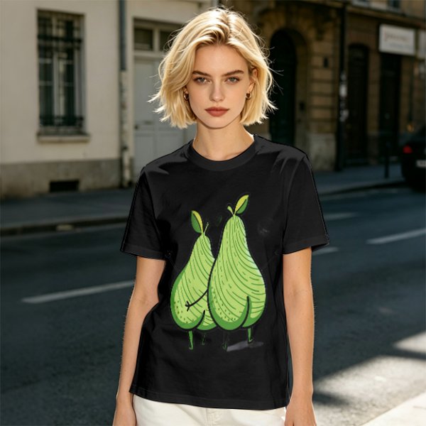 Olive Green T-Shirt With Two Cartoon Pears In Love Graphic