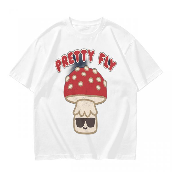 Olive green graphic t-shirt with 'Pretty Fly' and cool mushroom print