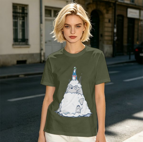 Olive T-shirt with Totoro in Snow and Small Blue Creature Print