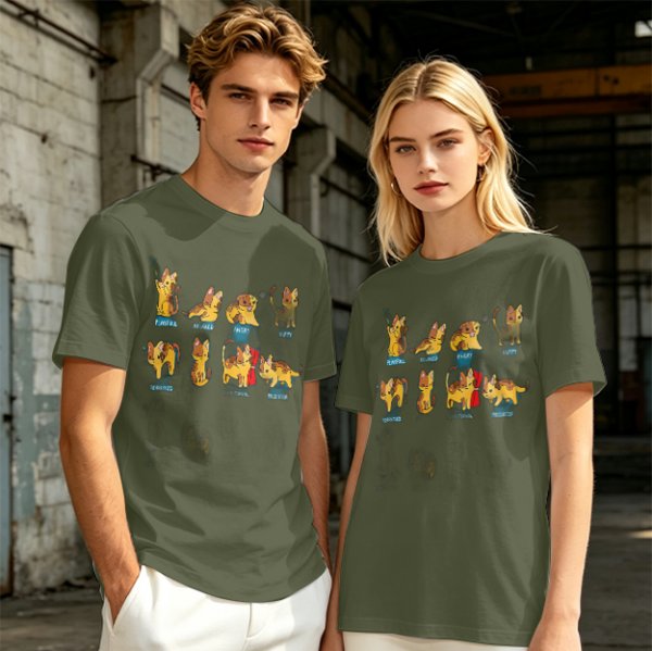Olive Green T-Shirt With Cute Cartoon Cat Illustrations