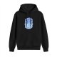 Black hoodie with Questers Monsters themed blue graphic print