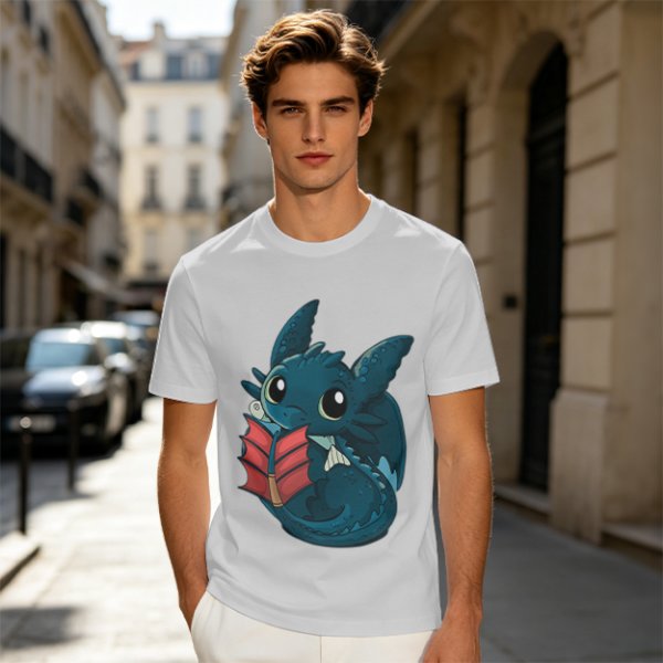 Olive T-Shirt With Cute Baby Dragon Reading Book Print