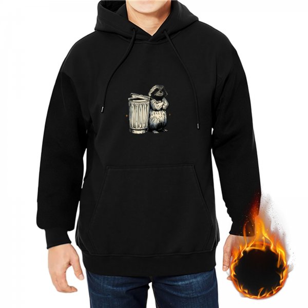 Black Hoodie With Raccoon And Trash Can Graphic Print