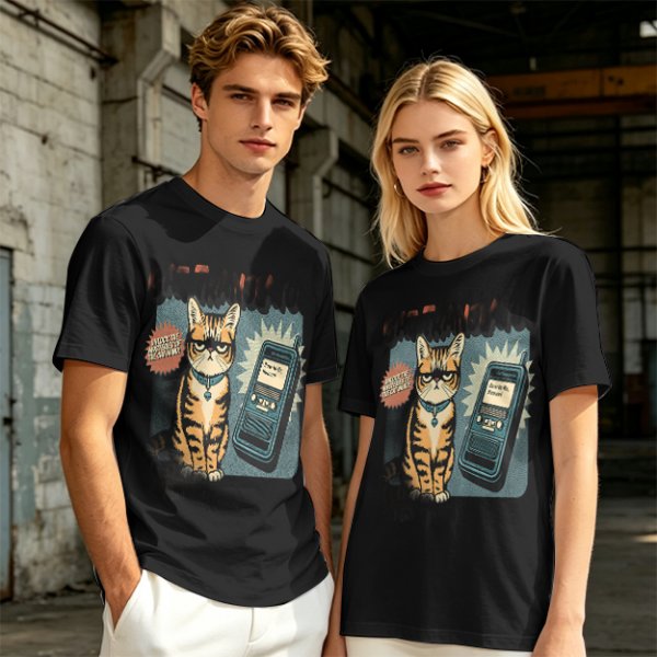 Olive T-Shirt With Grumpy Tabby Cat And Retro Cell Phone Print