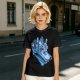 Olive T-shirt with retro blue cartoon car and characters graphic
