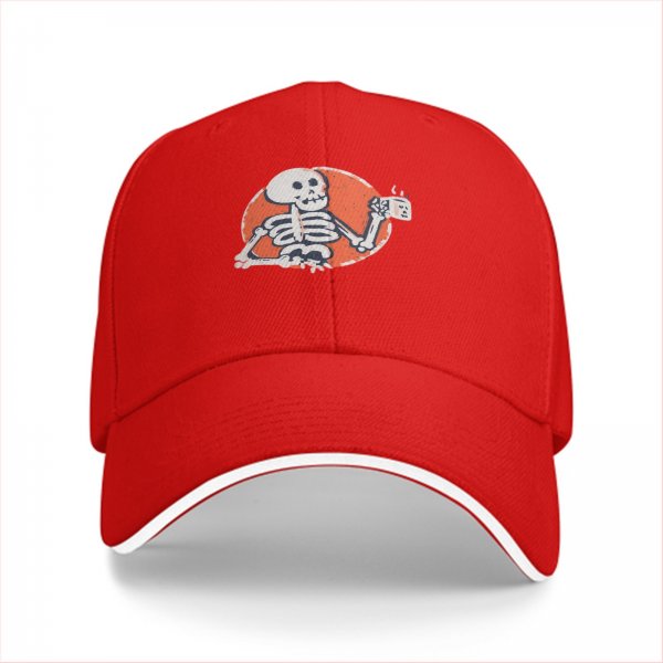 Black baseball cap with skeleton holding coffee cup graphic